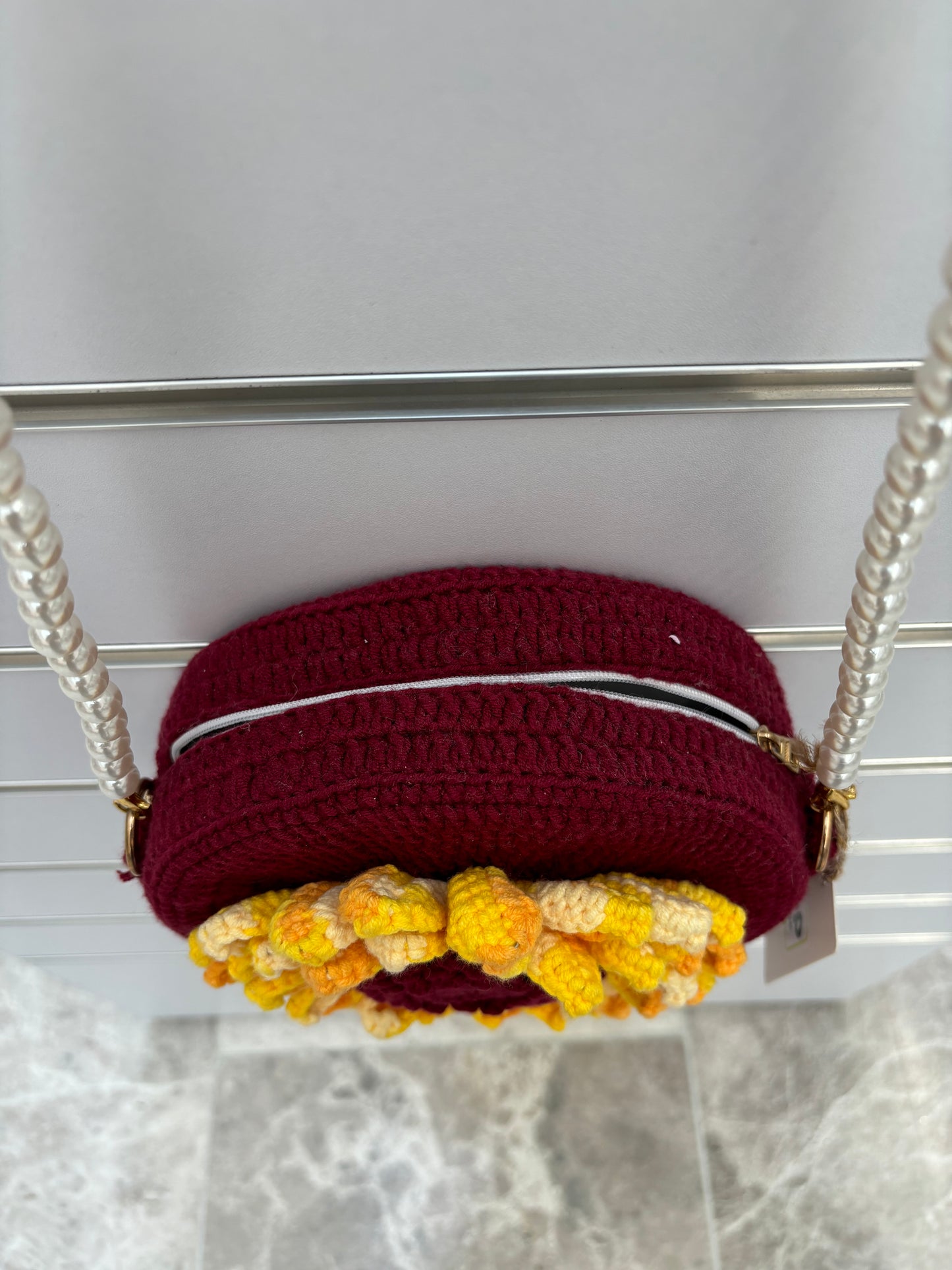 Handmade Crochet Flower Crossbody Bag with Pearl Strap