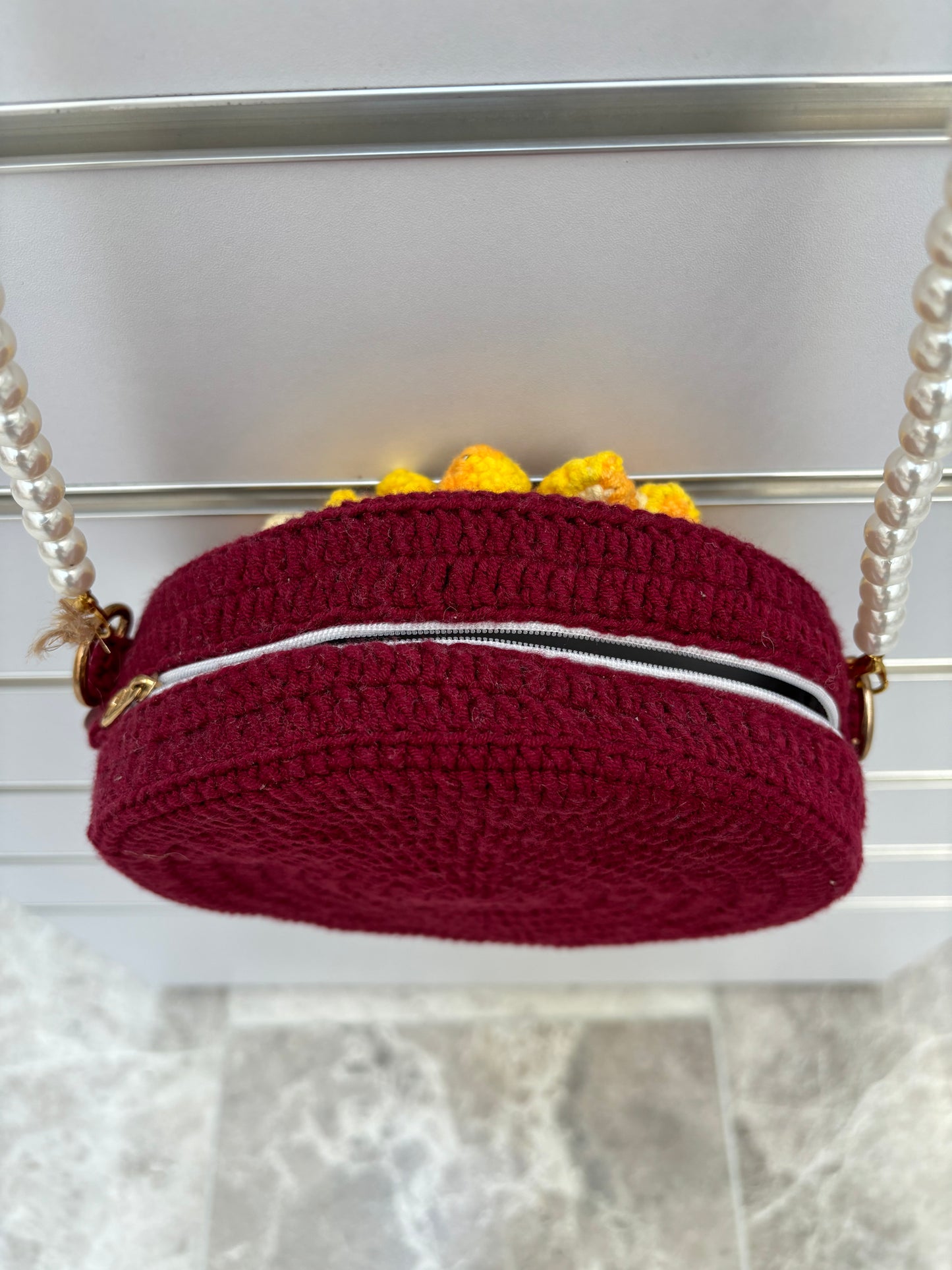 Handmade Crochet Flower Crossbody Bag with Pearl Strap