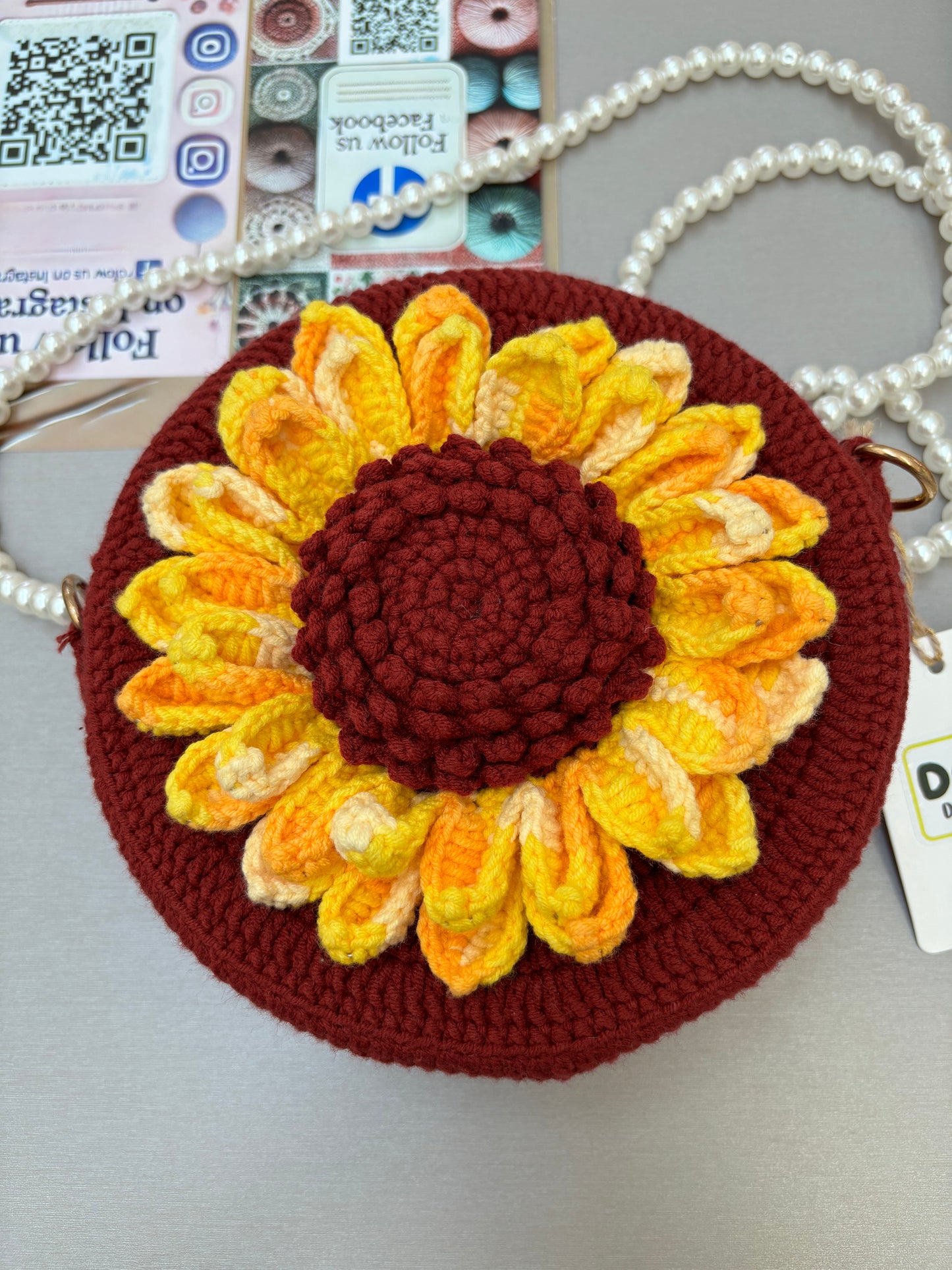 Handmade Crochet Flower Crossbody Bag with Pearl Strap