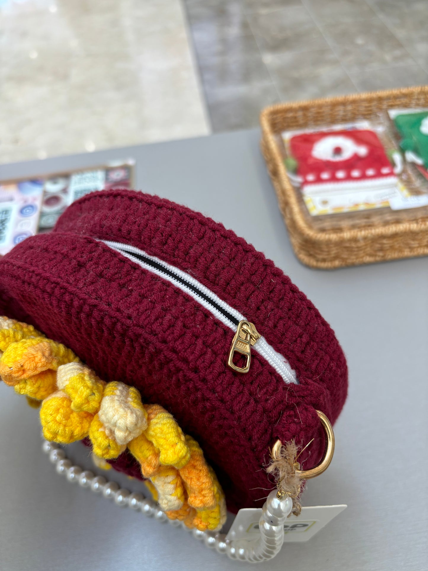 Handmade Crochet Flower Crossbody Bag with Pearl Strap