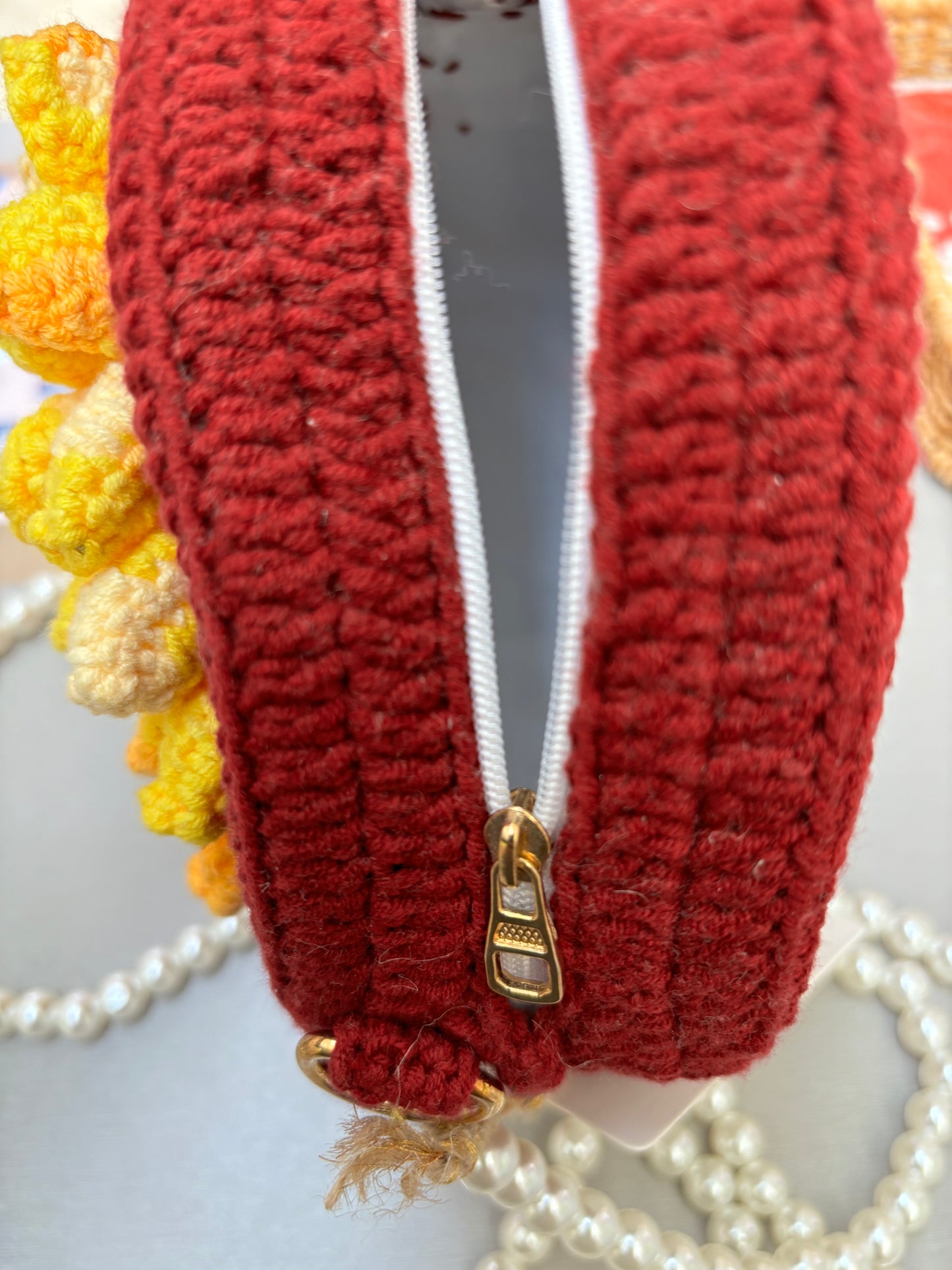Handmade Crochet Flower Crossbody Bag with Pearl Strap