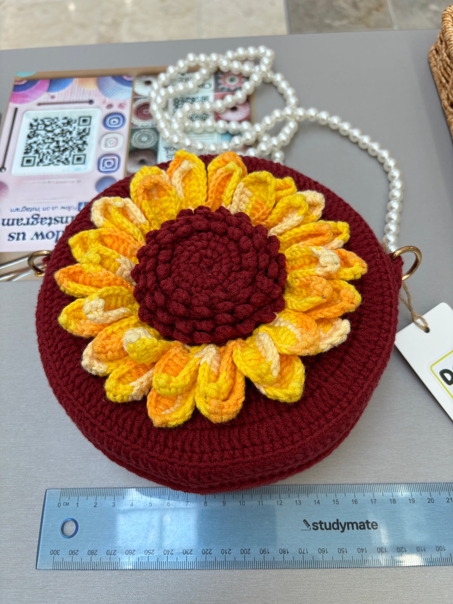 Handmade Crochet Flower Crossbody Bag with Pearl Strap