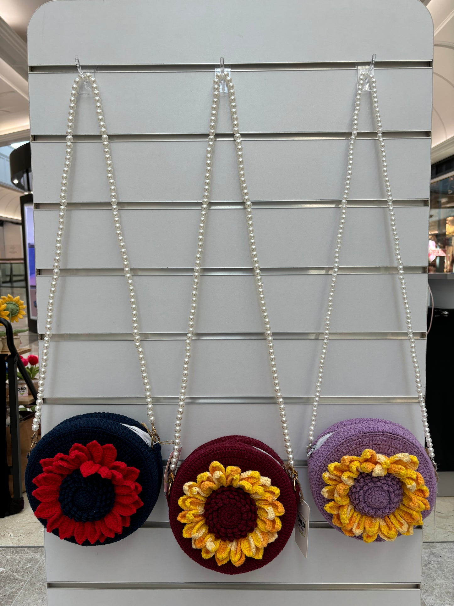 Handmade Crochet Flower Crossbody Bag with Pearl Strap