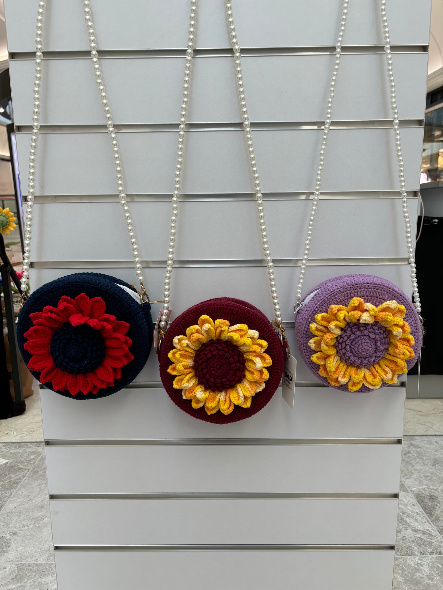 Handmade Crochet Flower Crossbody Bag with Pearl Strap