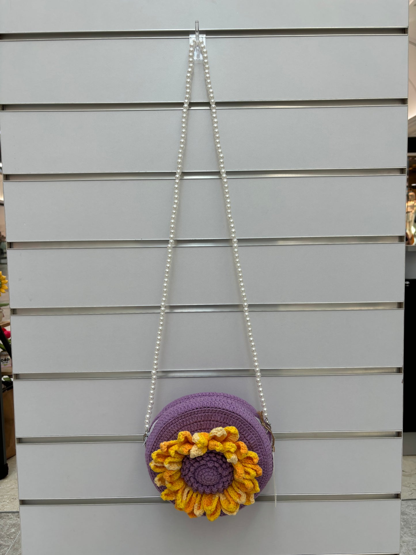 Handmade Crochet Flower Crossbody Bag with Pearl Strap