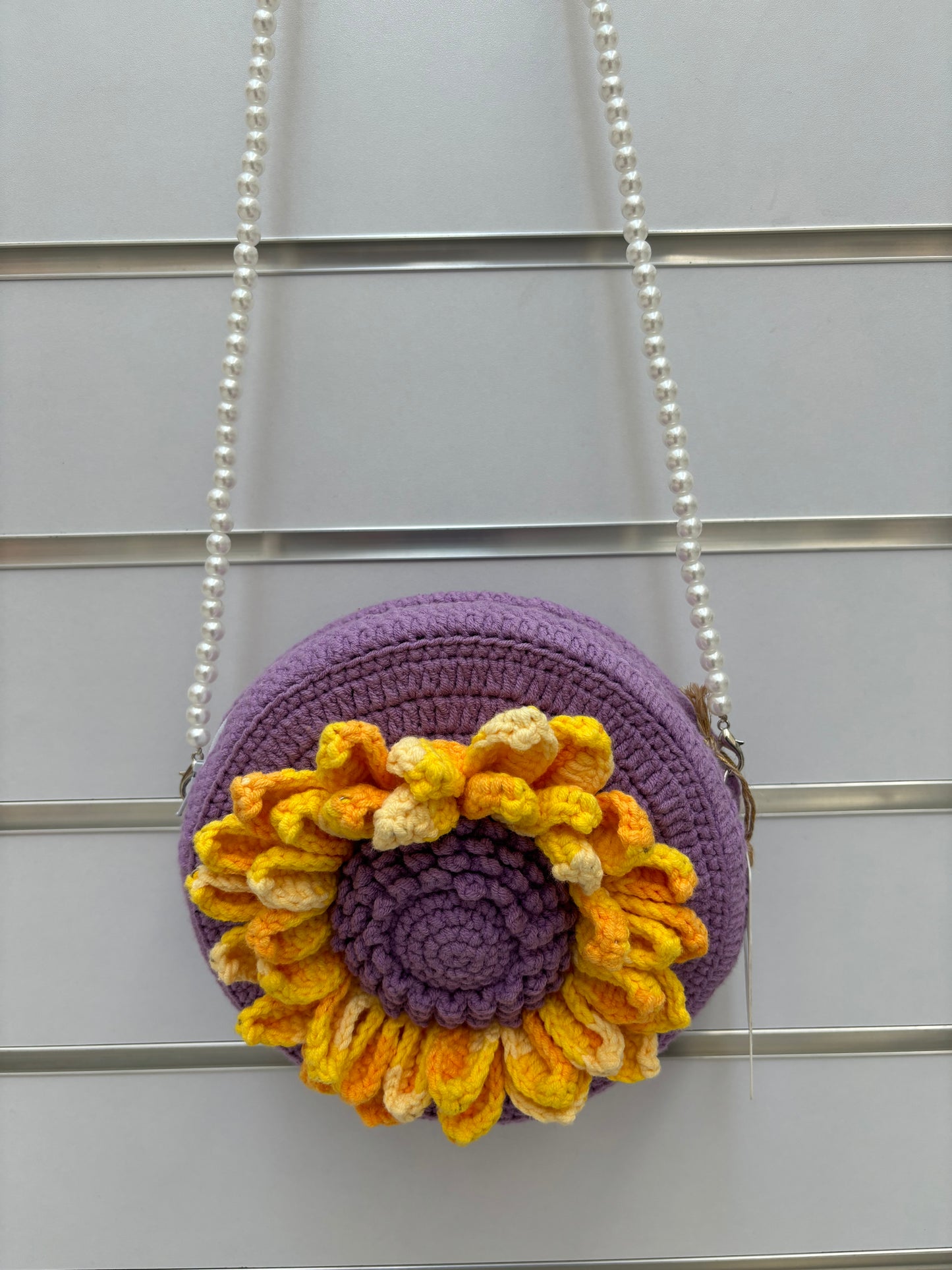 Handmade Crochet Flower Crossbody Bag with Pearl Strap