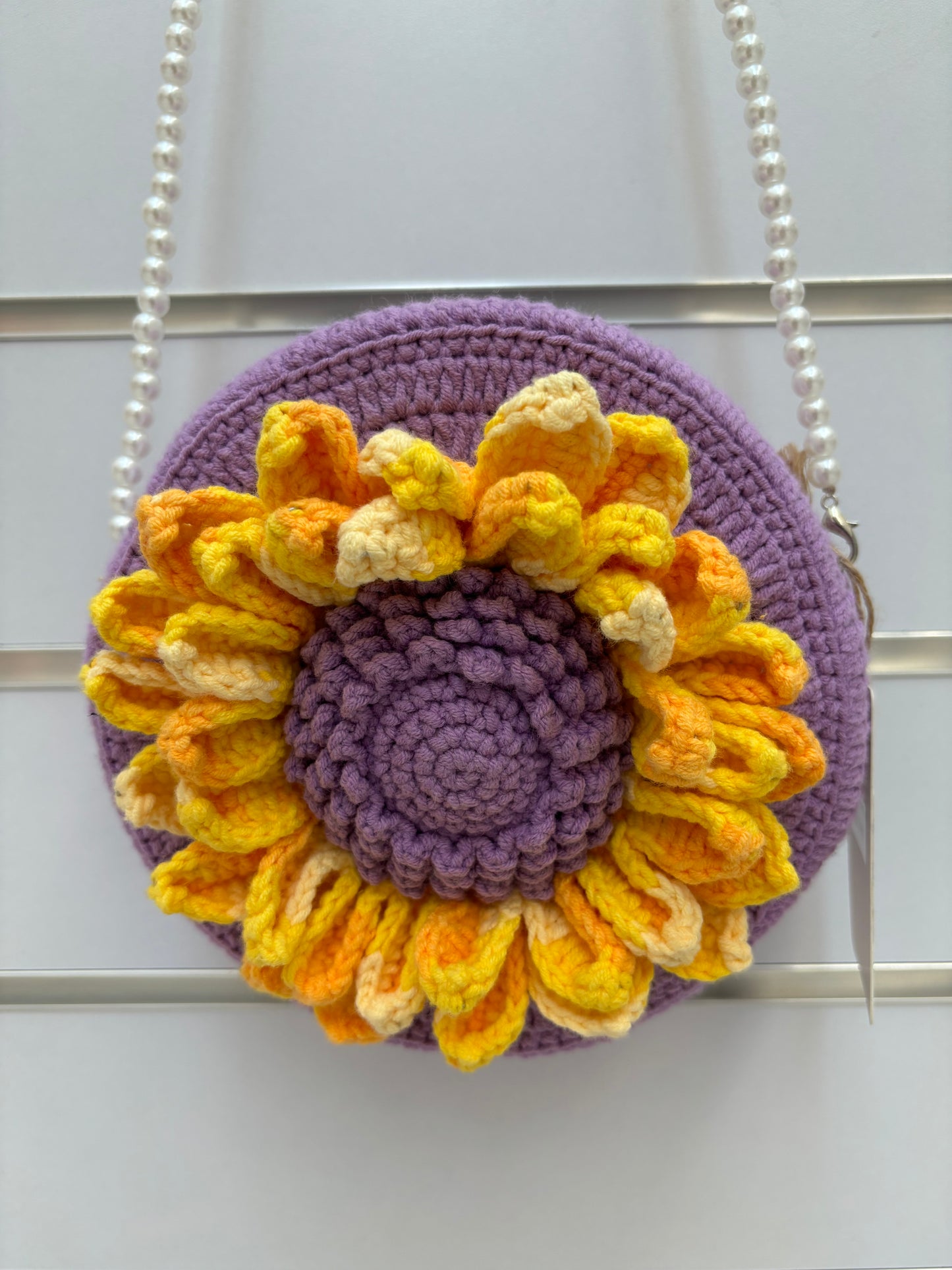 Handmade Crochet Flower Crossbody Bag with Pearl Strap