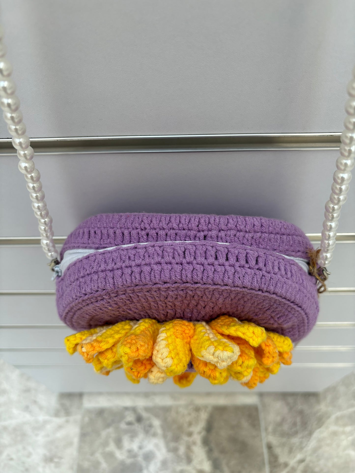 Handmade Crochet Flower Crossbody Bag with Pearl Strap
