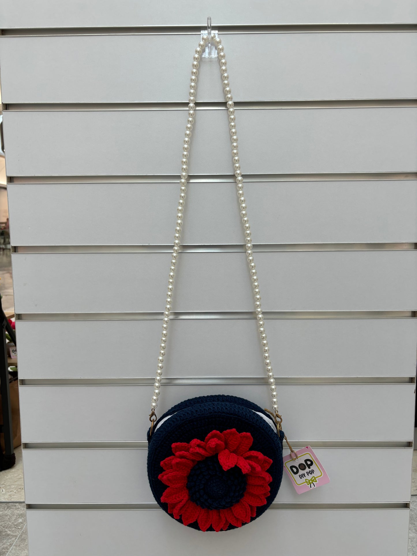Handmade Crochet Flower Crossbody Bag with Pearl Strap