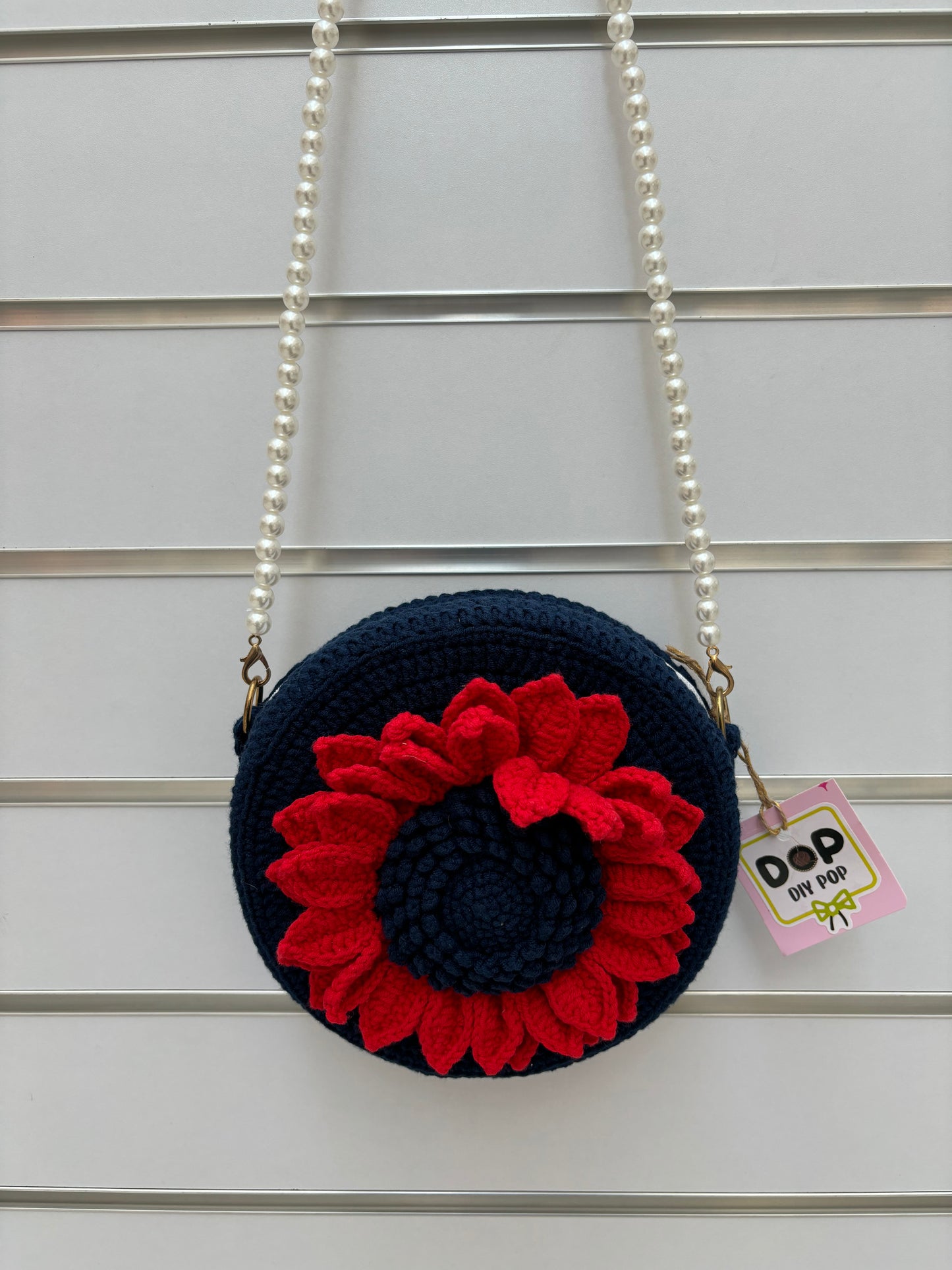 Handmade Crochet Flower Crossbody Bag with Pearl Strap
