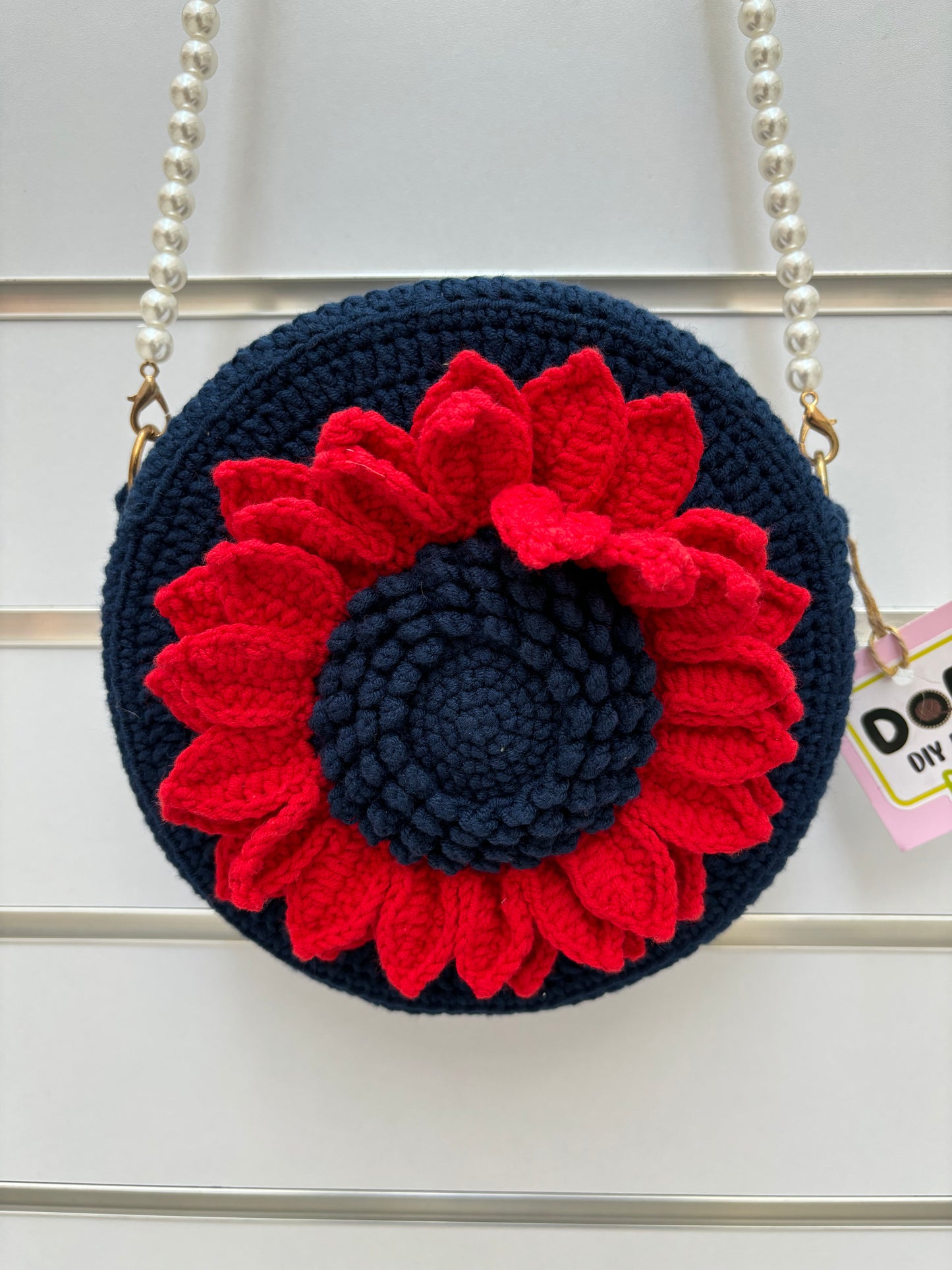 Handmade Crochet Flower Crossbody Bag with Pearl Strap