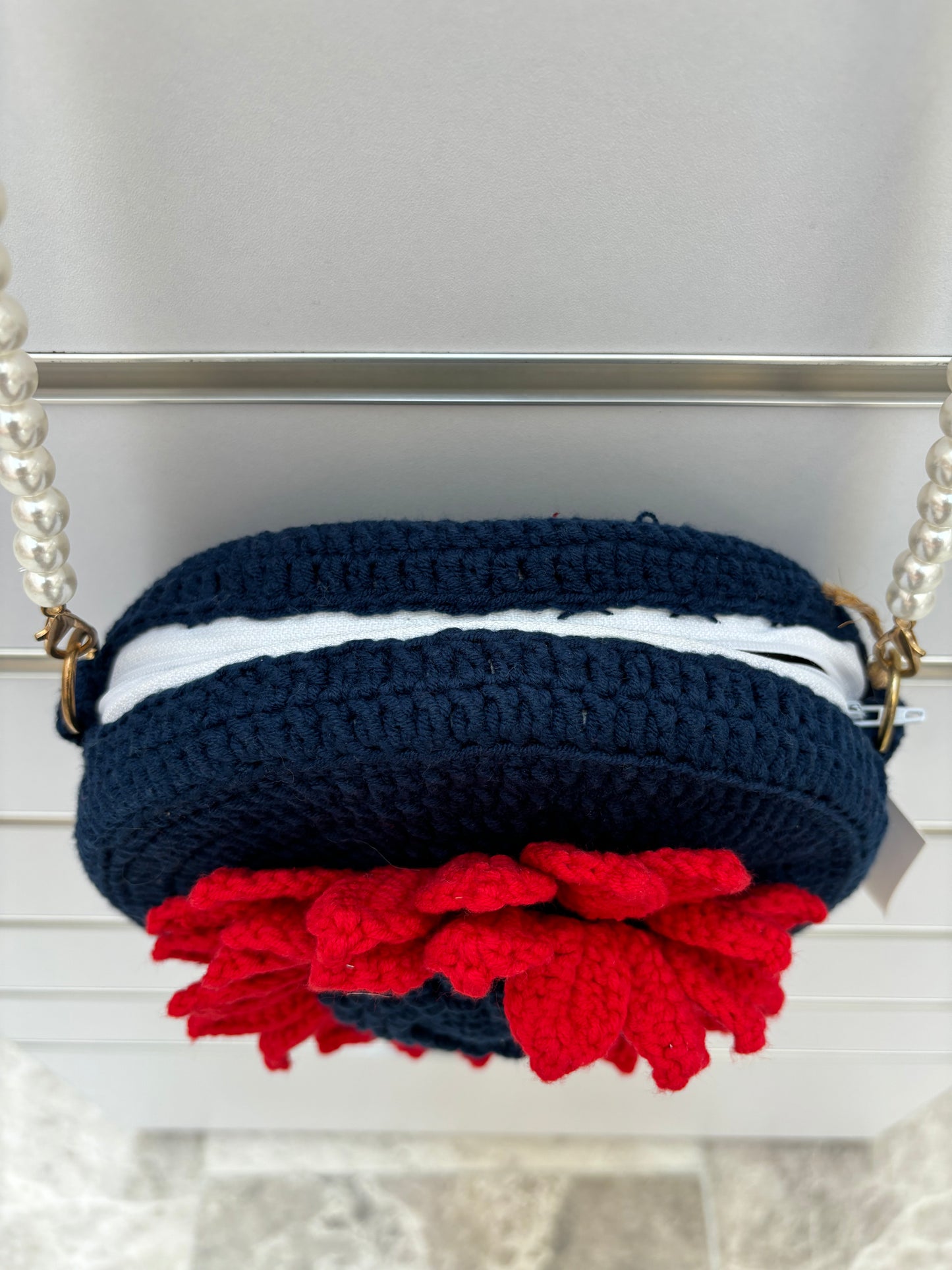 Handmade Crochet Flower Crossbody Bag with Pearl Strap