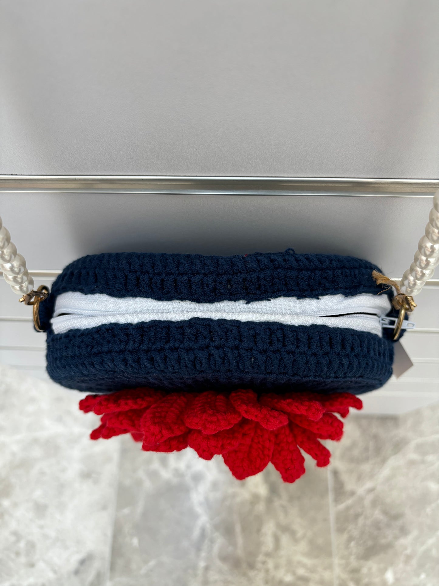 Handmade Crochet Flower Crossbody Bag with Pearl Strap