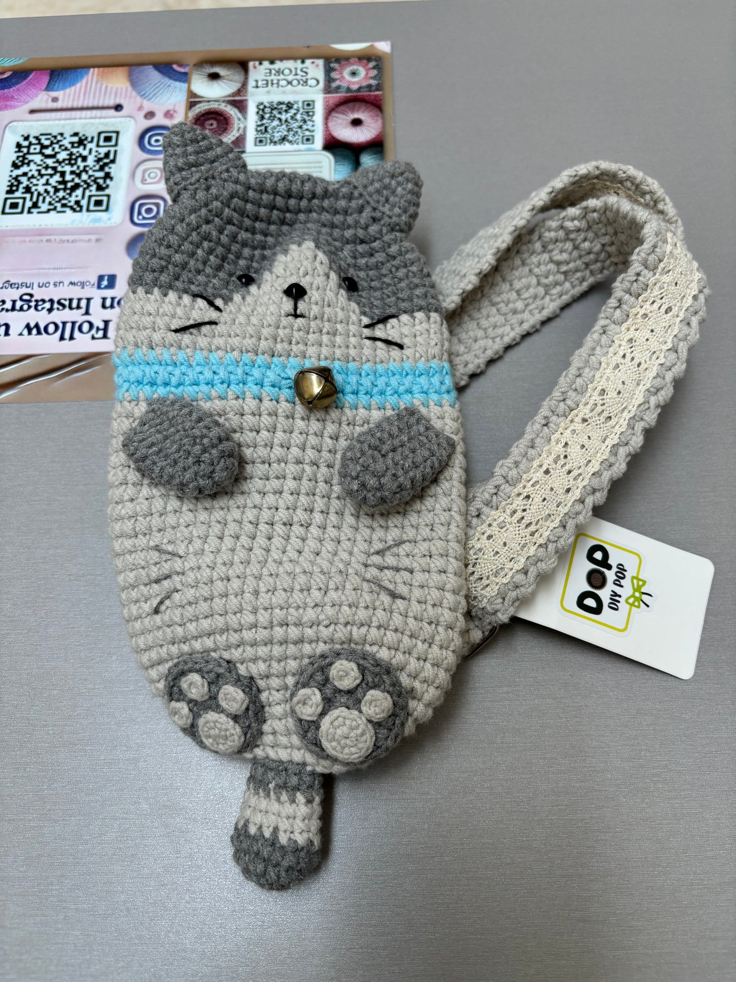 Handmade Crochet Cute Grey Cat Crossbody Bag