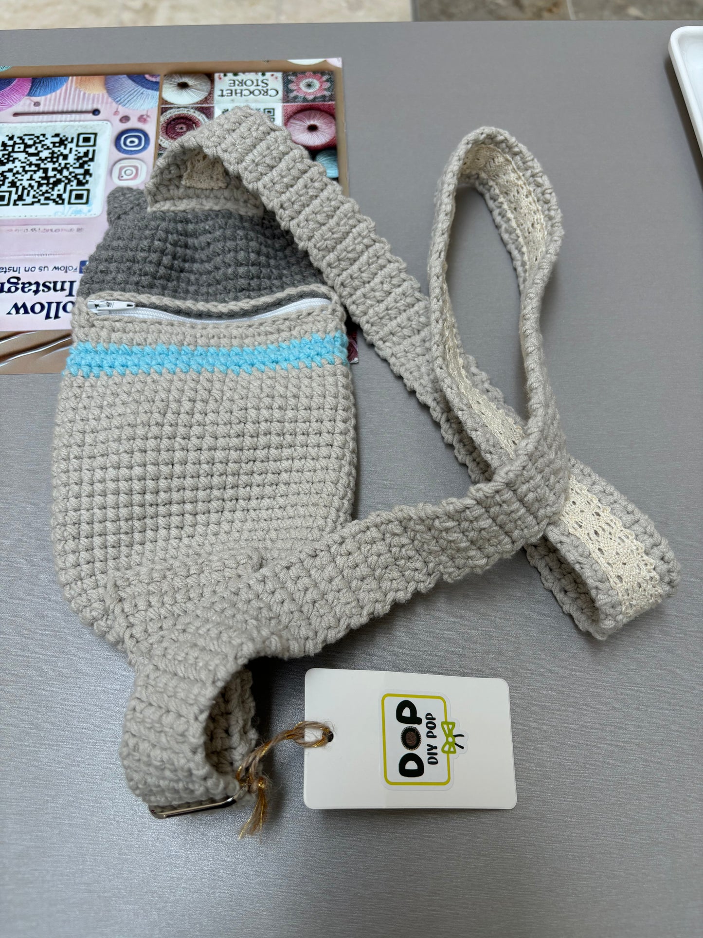 Handmade Crochet Cute Grey Cat Crossbody Bag