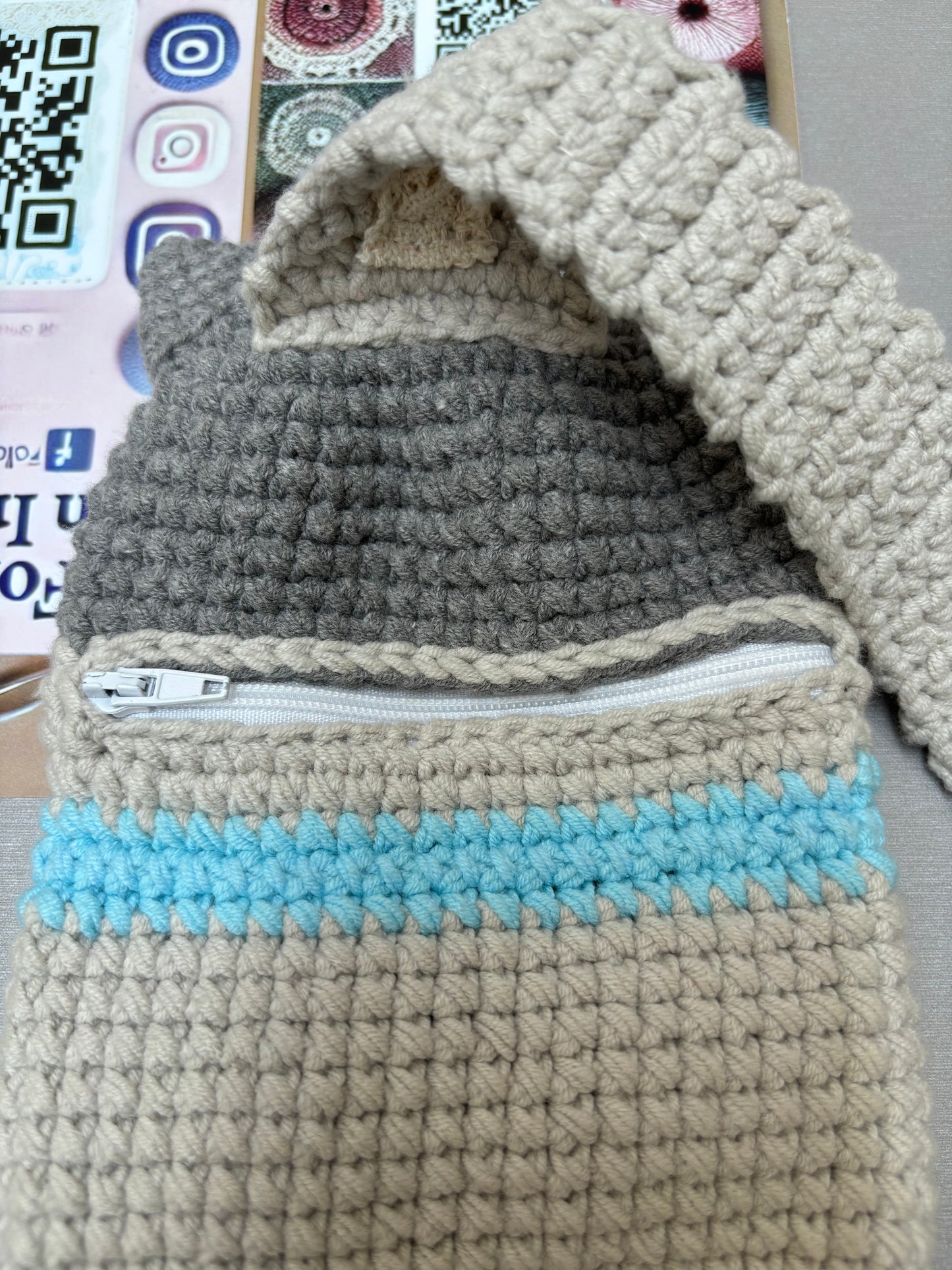 Handmade Crochet Cute Grey Cat Crossbody Bag
