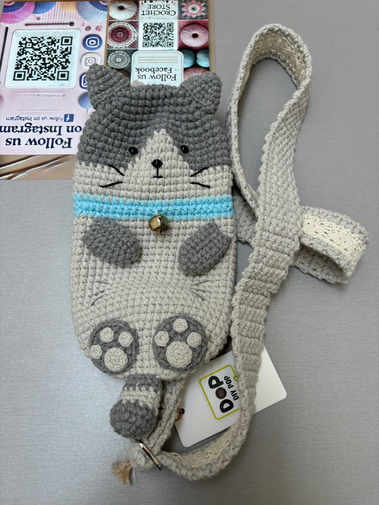 Handmade Crochet Cute Grey Cat Crossbody Bag
