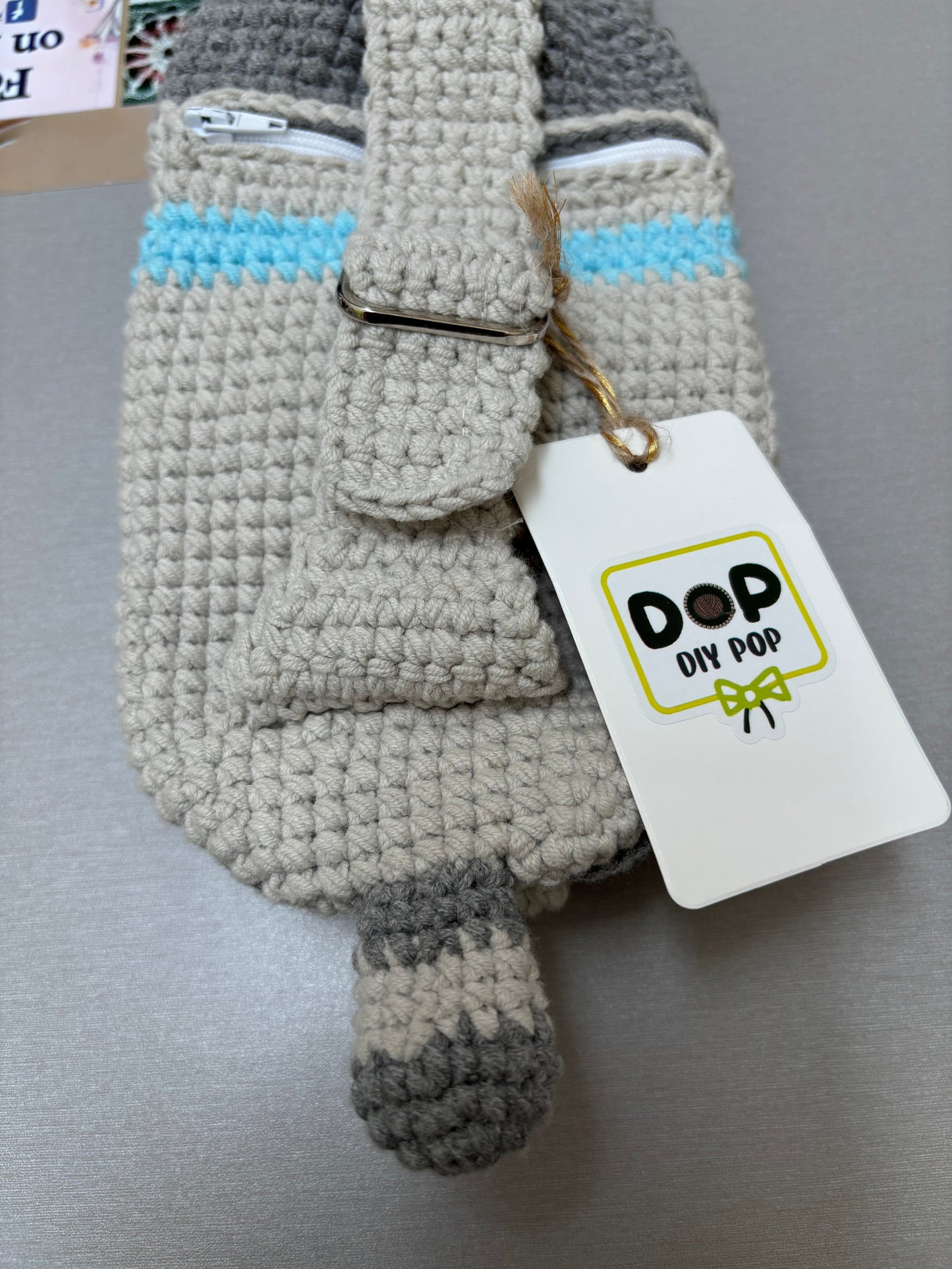 Handmade Crochet Cute Grey Cat Crossbody Bag