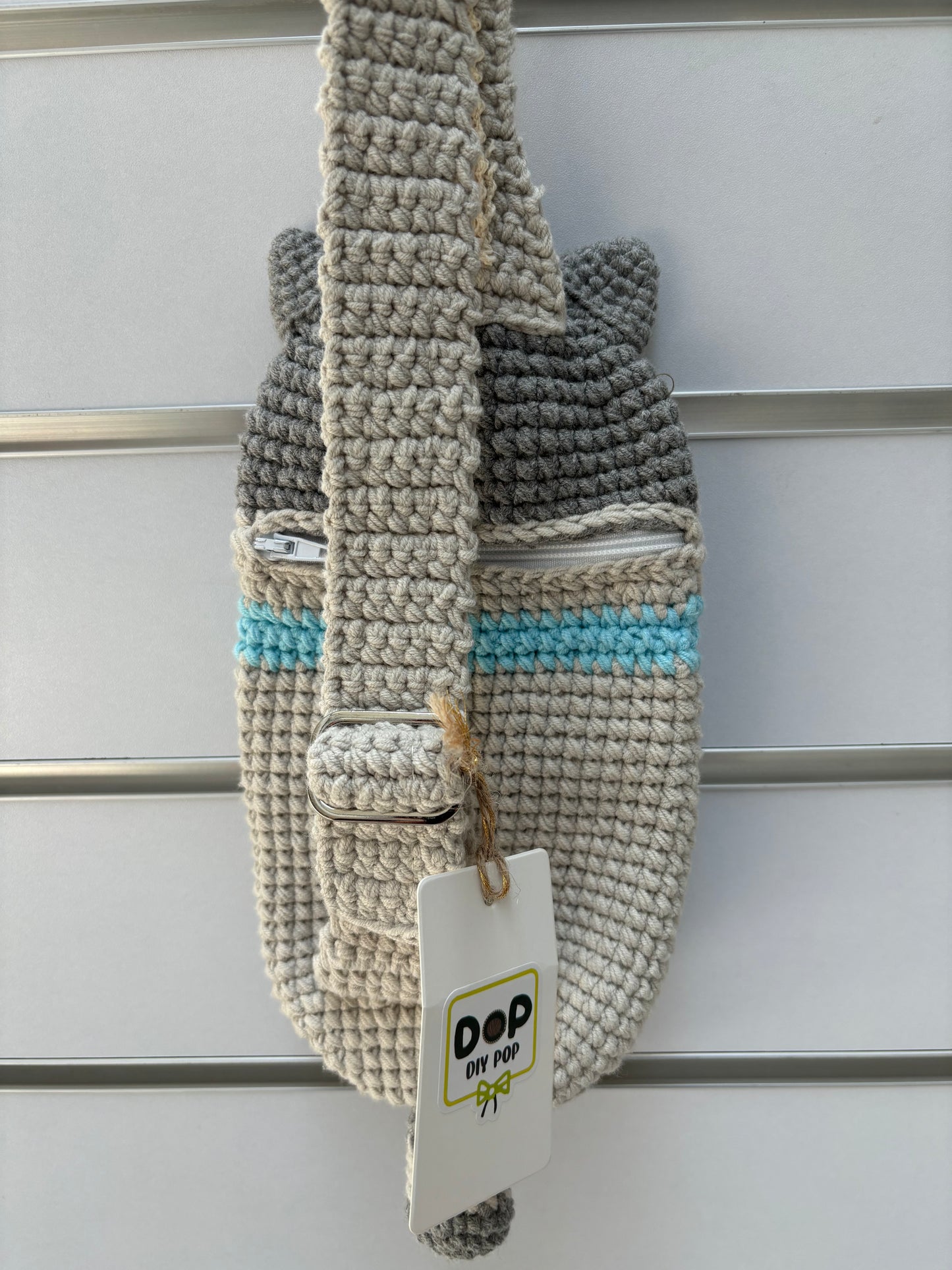 Handmade Crochet Cute Grey Cat Crossbody Bag