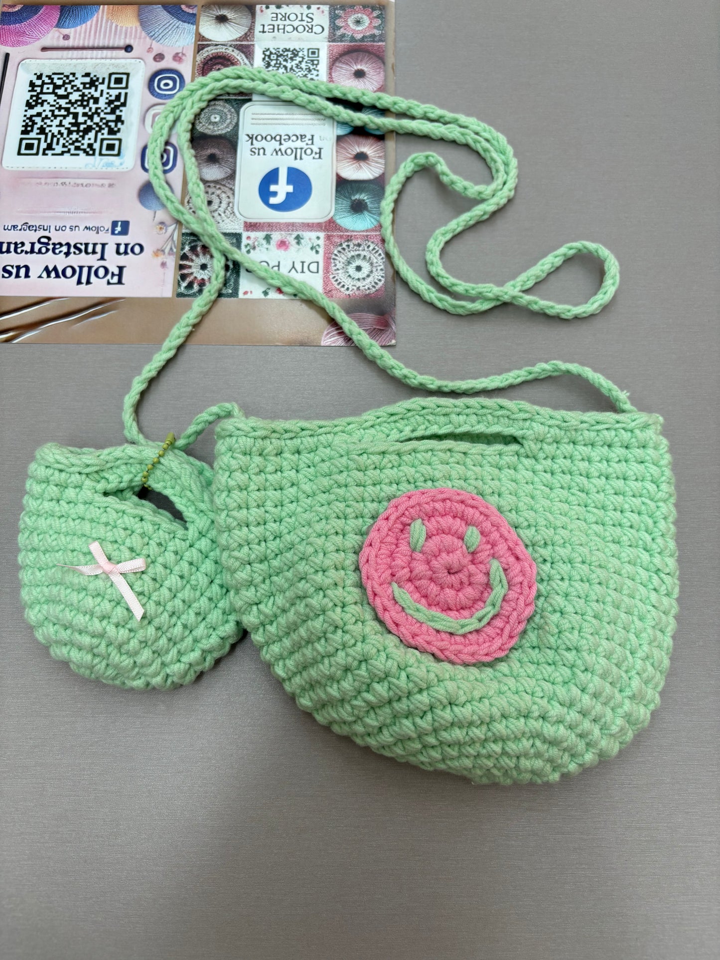 Hand-Crocheted Smiley Face Bag Set – Shoulder Bag & Mini Coin Pouch
