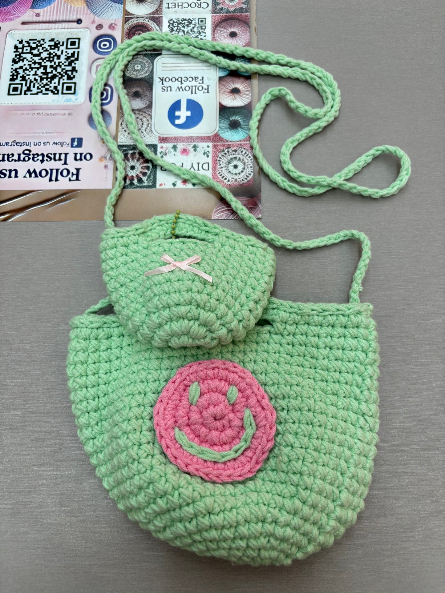 Hand-Crocheted Smiley Face Bag Set – Shoulder Bag & Mini Coin Pouch