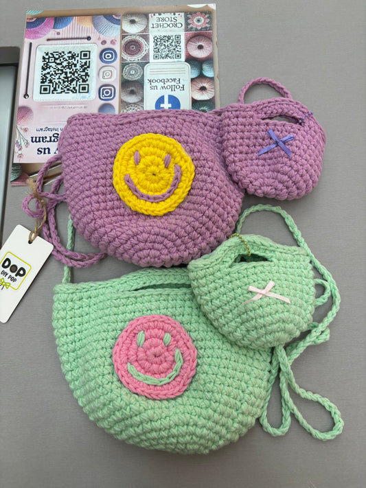 Hand-Crocheted Smiley Face Bag Set – Shoulder Bag & Mini Coin Pouch