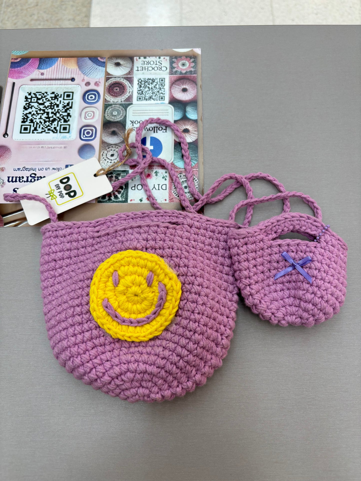 Hand-Crocheted Smiley Face Bag Set – Shoulder Bag & Mini Coin Pouch