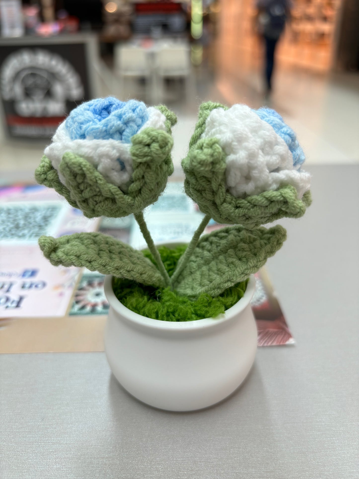 Hand-Crocheted Double Red Rose in White Pot