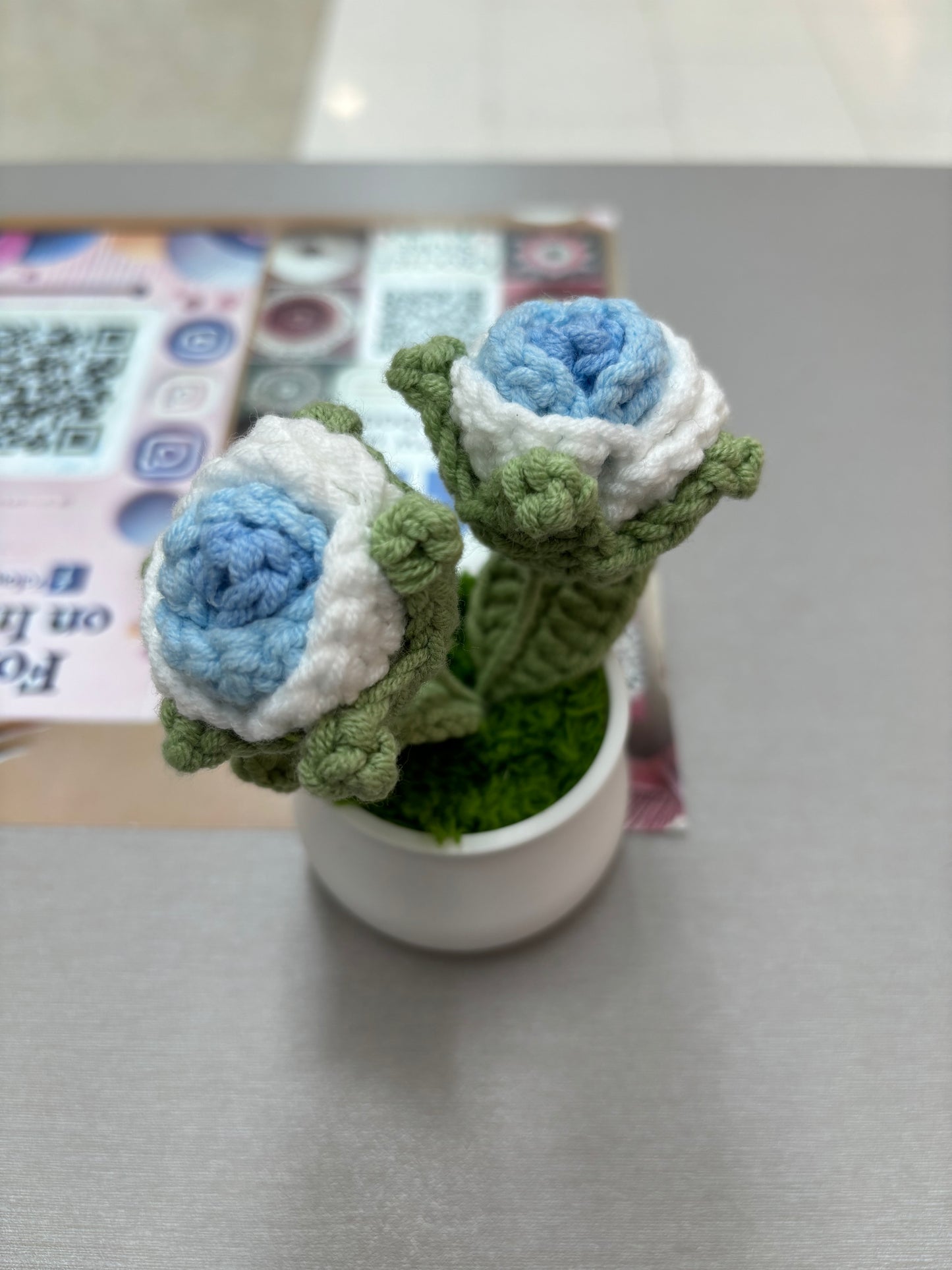 Hand-Crocheted Double Red Rose in White Pot