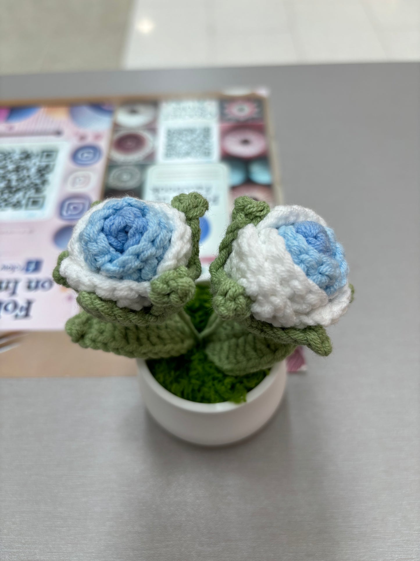 Hand-Crocheted Double Red Rose in White Pot