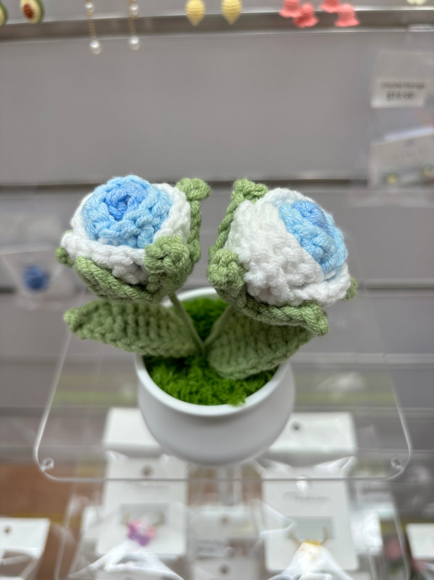 Hand-Crocheted Double Red Rose in White Pot