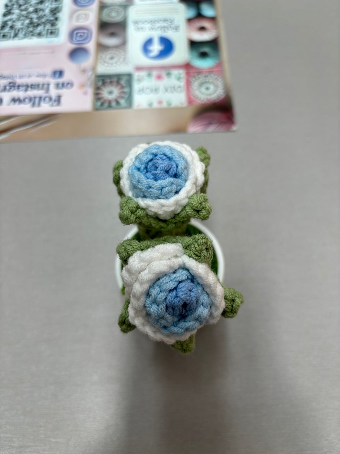 Hand-Crocheted Double Red Rose in White Pot