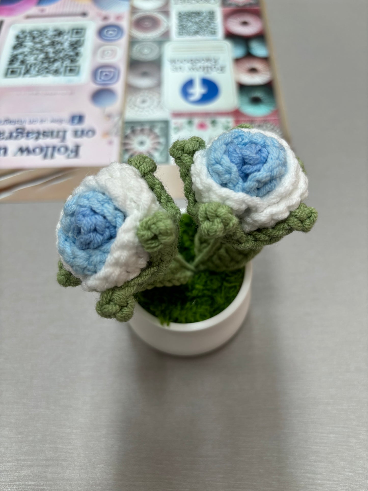 Hand-Crocheted Double Red Rose in White Pot