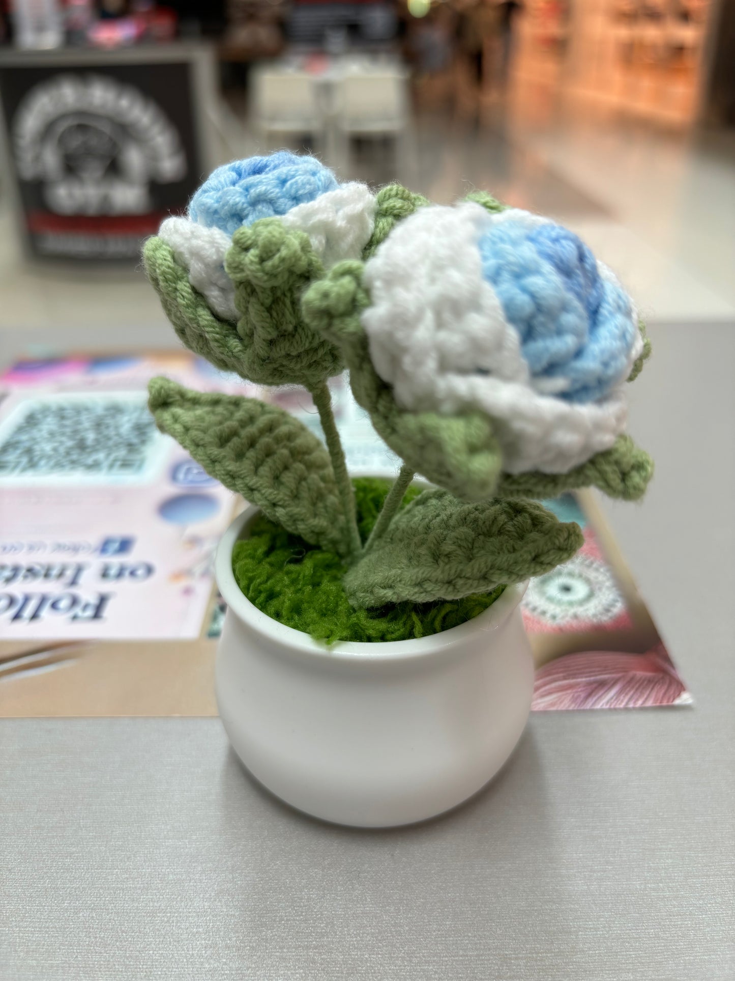Hand-Crocheted Double Red Rose in White Pot
