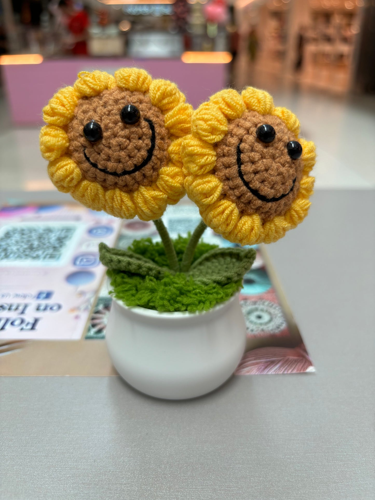 Hand-Crocheted Double Sunflower in Decorative Plastic Pot