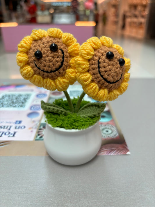 Hand-Crocheted Double Sunflower in Decorative Plastic Pot