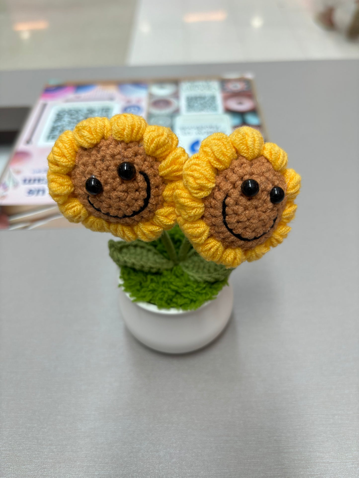 Hand-Crocheted Double Sunflower in Decorative Plastic Pot