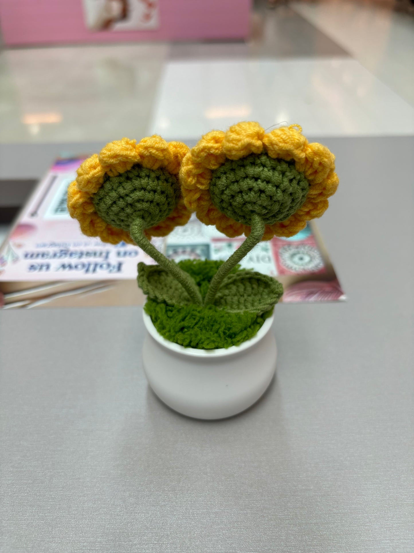 Hand-Crocheted Double Sunflower in Decorative Plastic Pot