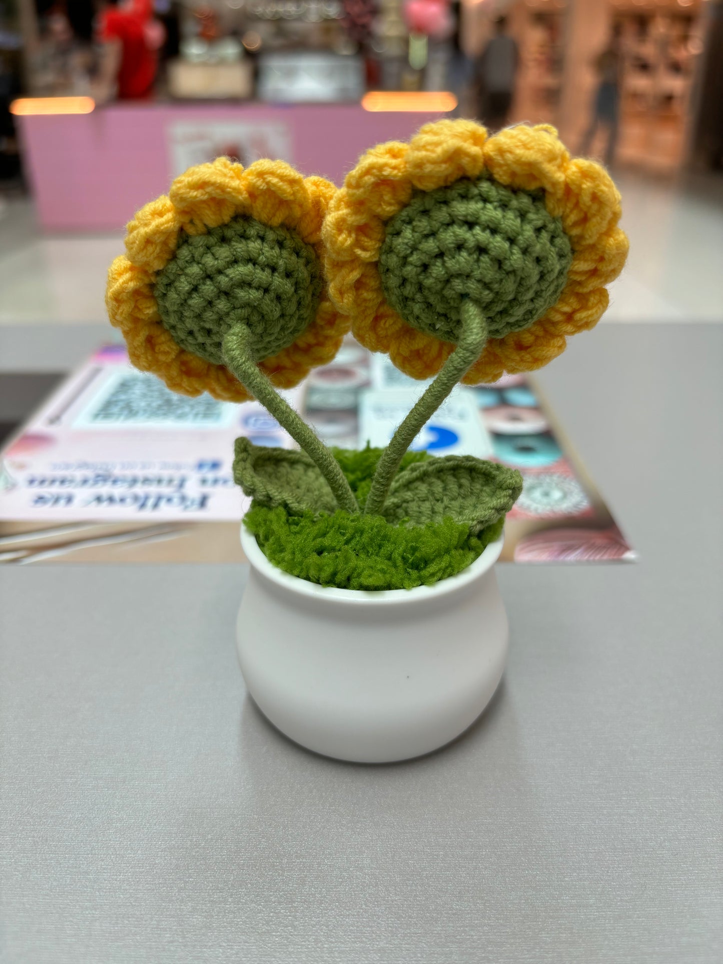 Hand-Crocheted Double Sunflower in Decorative Plastic Pot