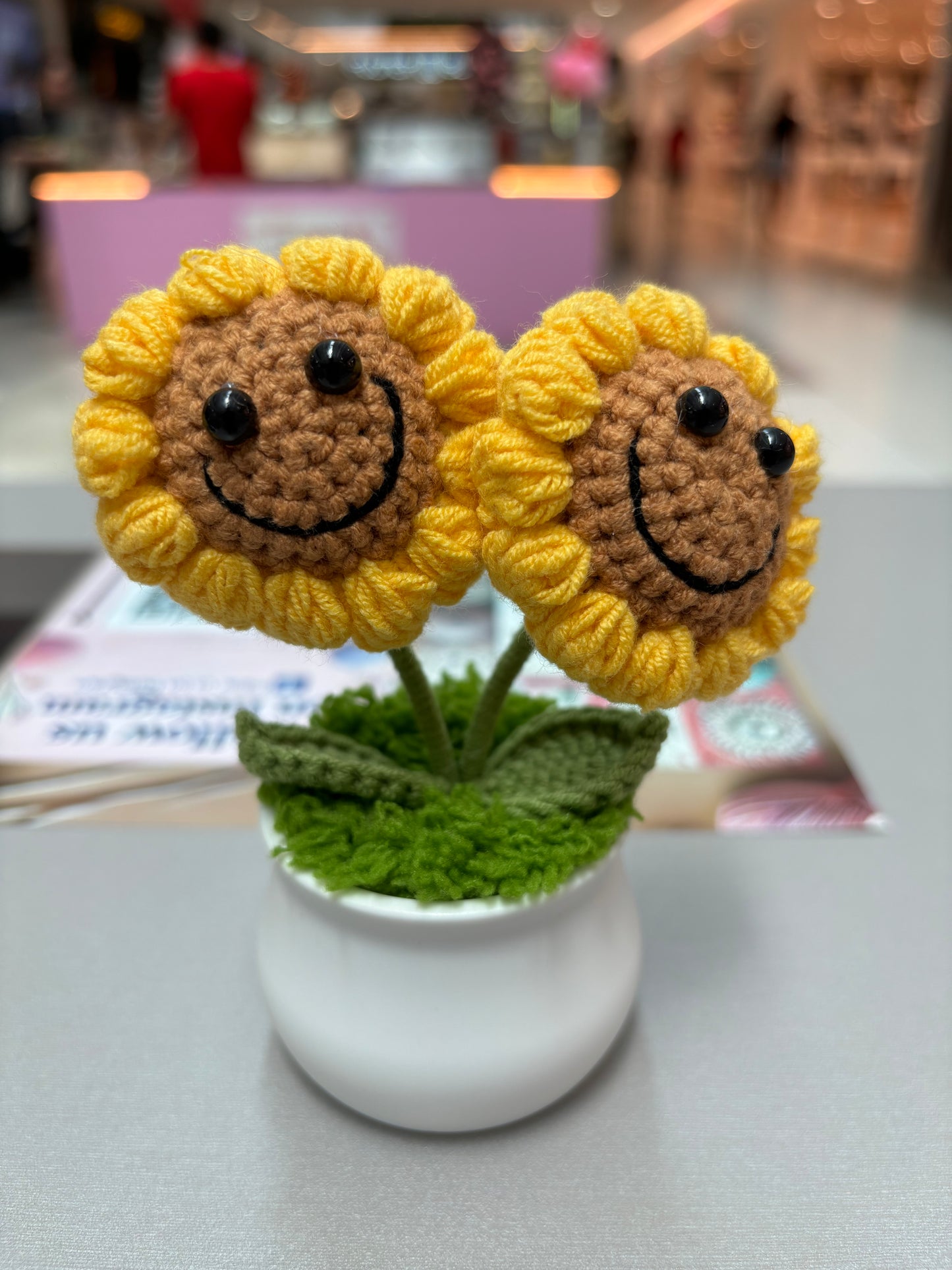 Hand-Crocheted Double Sunflower in Decorative Plastic Pot