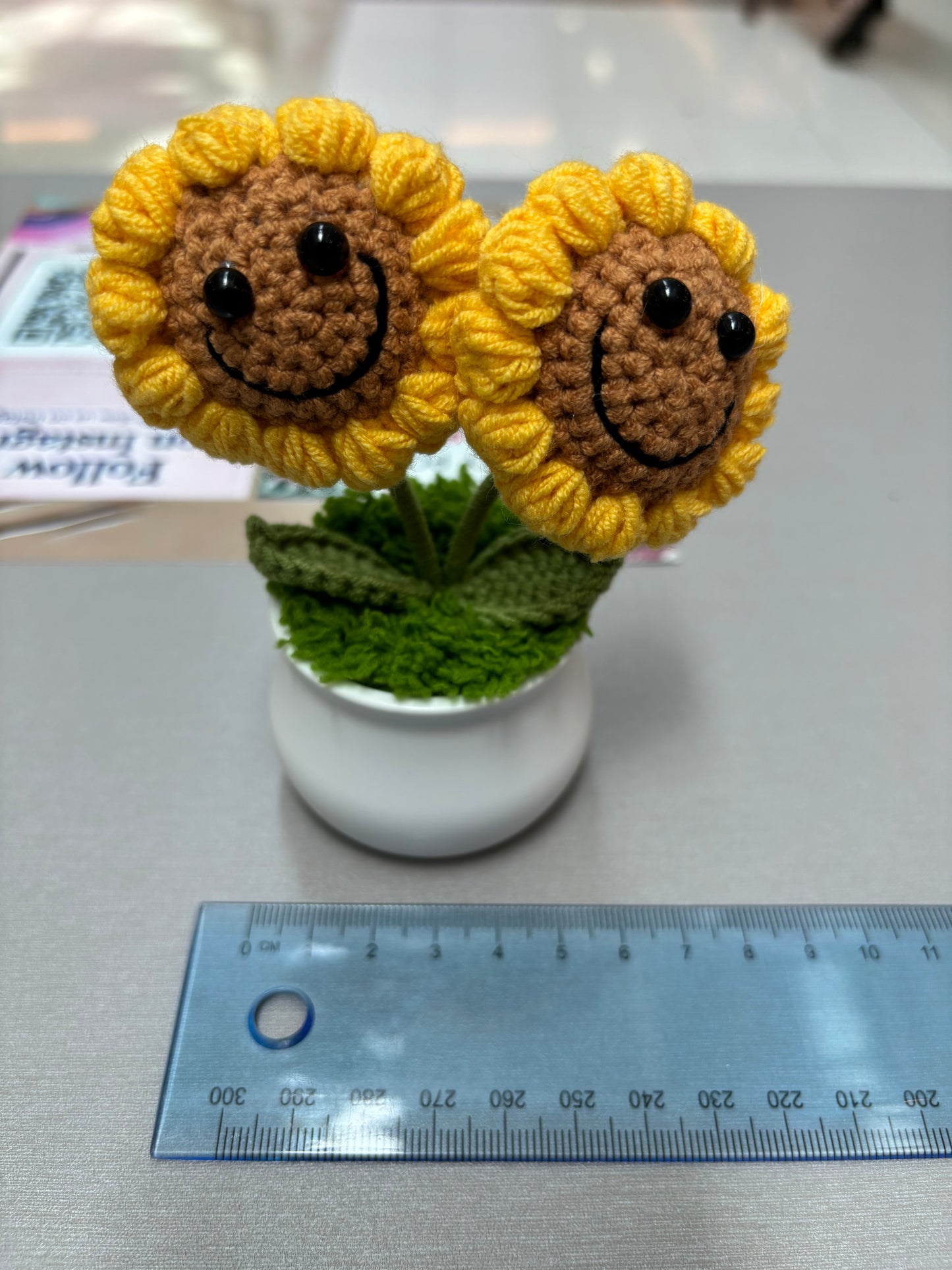 Hand-Crocheted Double Sunflower in Decorative Plastic Pot