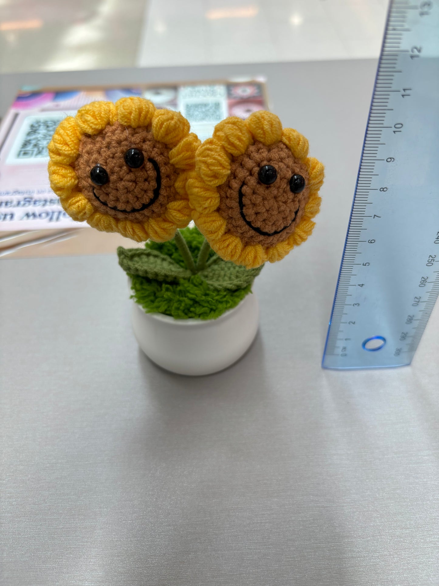 Hand-Crocheted Double Sunflower in Decorative Plastic Pot