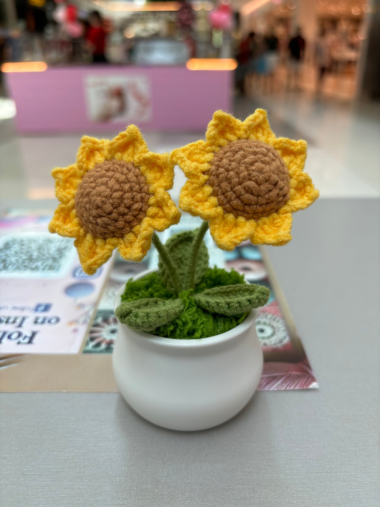 Hand-Crocheted Twin Sunflower in Decorative Plastic Pot