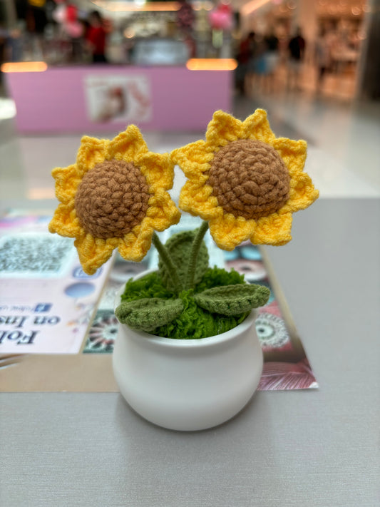 Hand-Crocheted Twin Sunflower in Decorative Plastic Pot