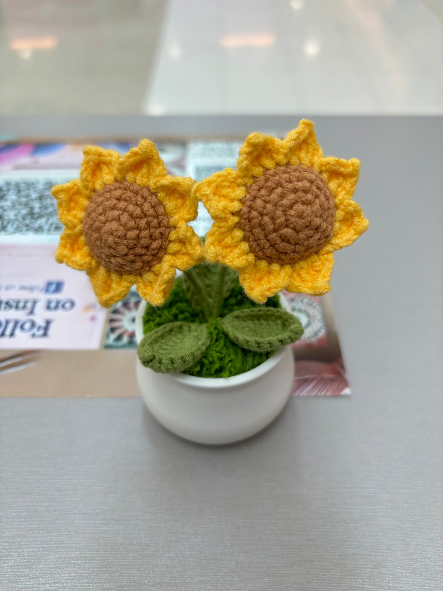 Hand-Crocheted Twin Sunflower in Decorative Plastic Pot