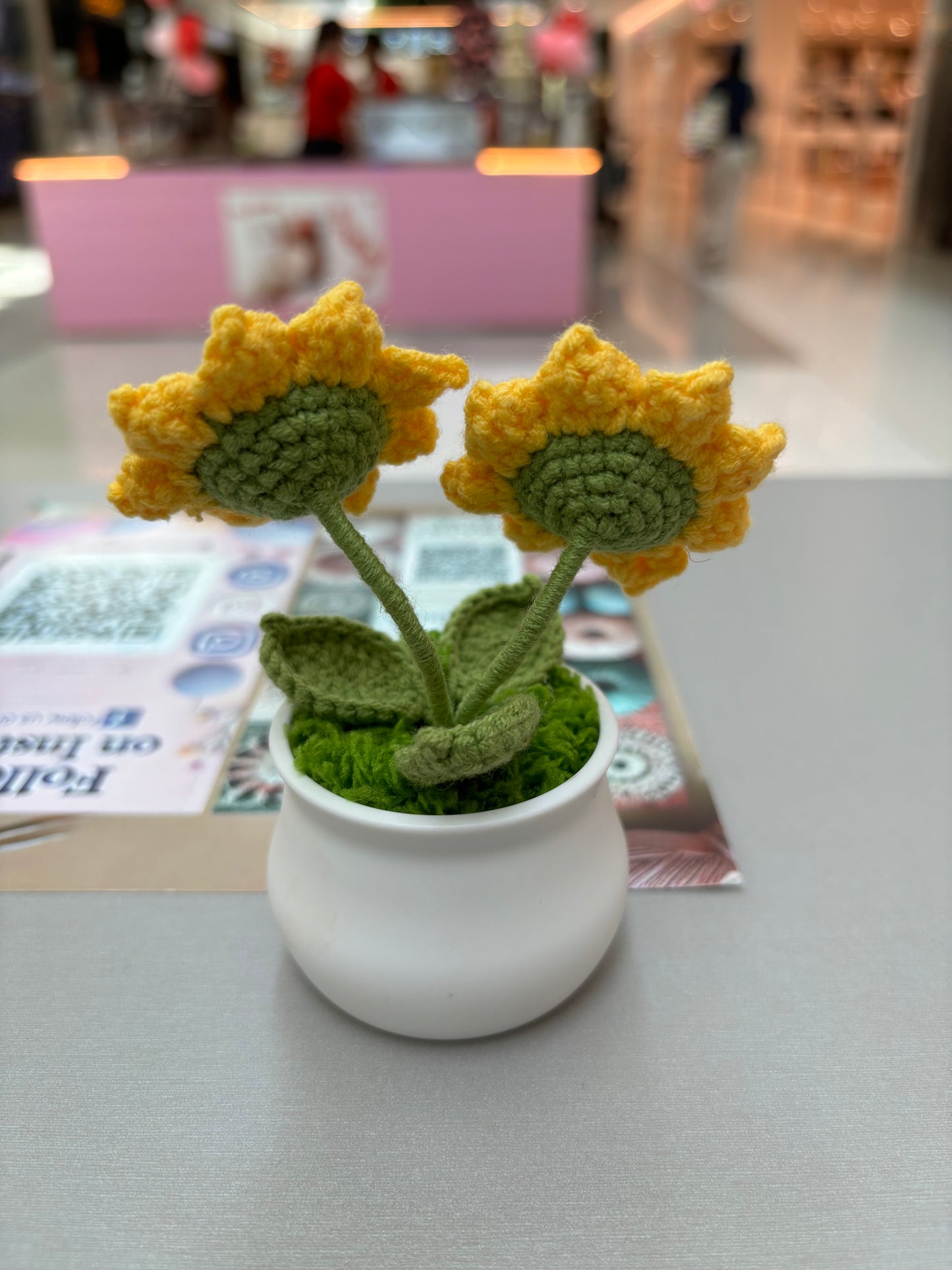 Hand-Crocheted Twin Sunflower in Decorative Plastic Pot