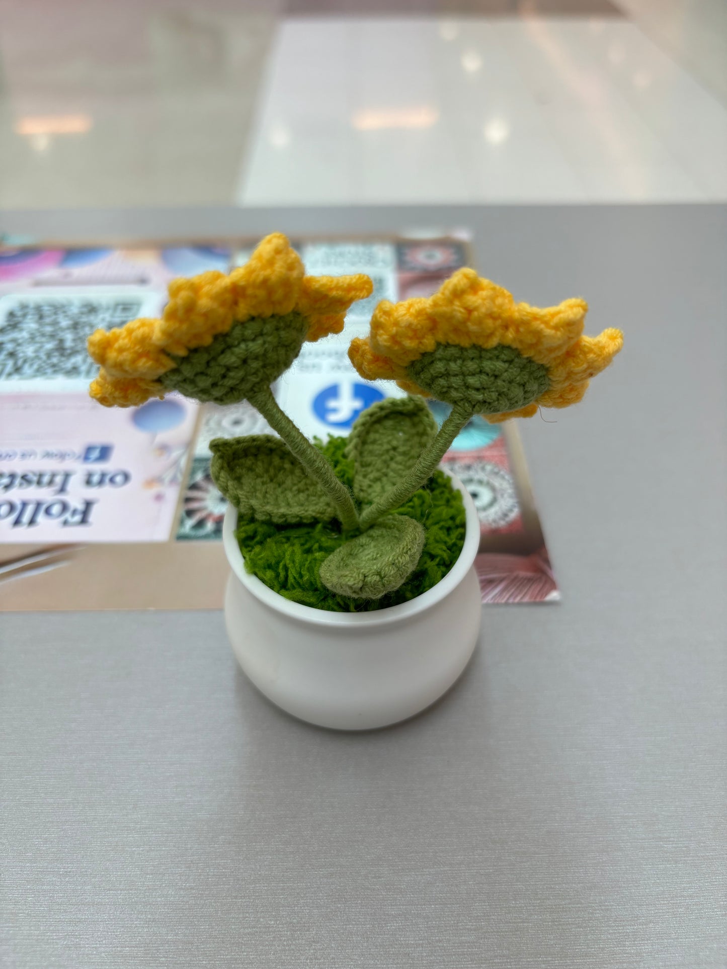 Hand-Crocheted Twin Sunflower in Decorative Plastic Pot