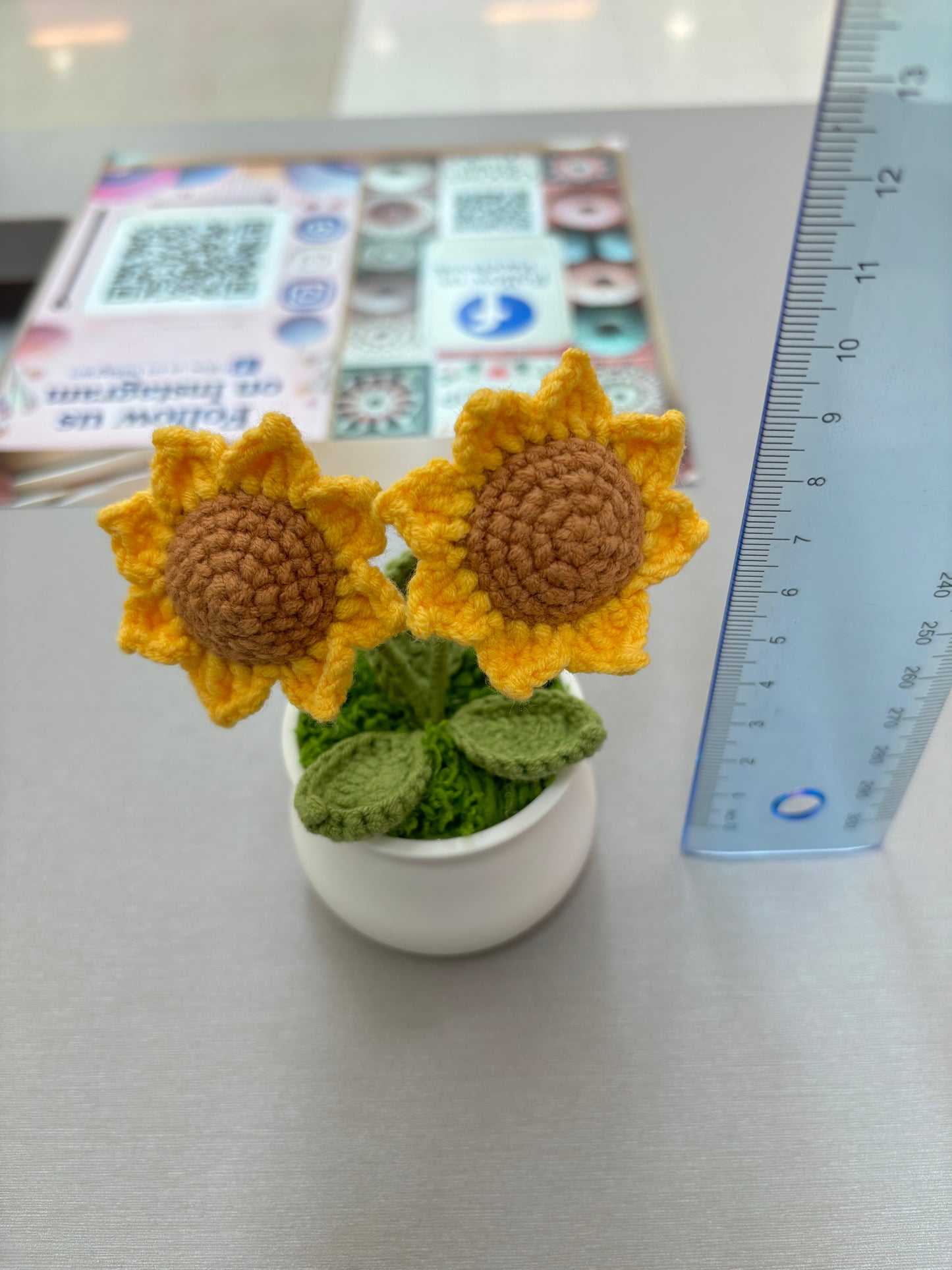 Hand-Crocheted Twin Sunflower in Decorative Plastic Pot