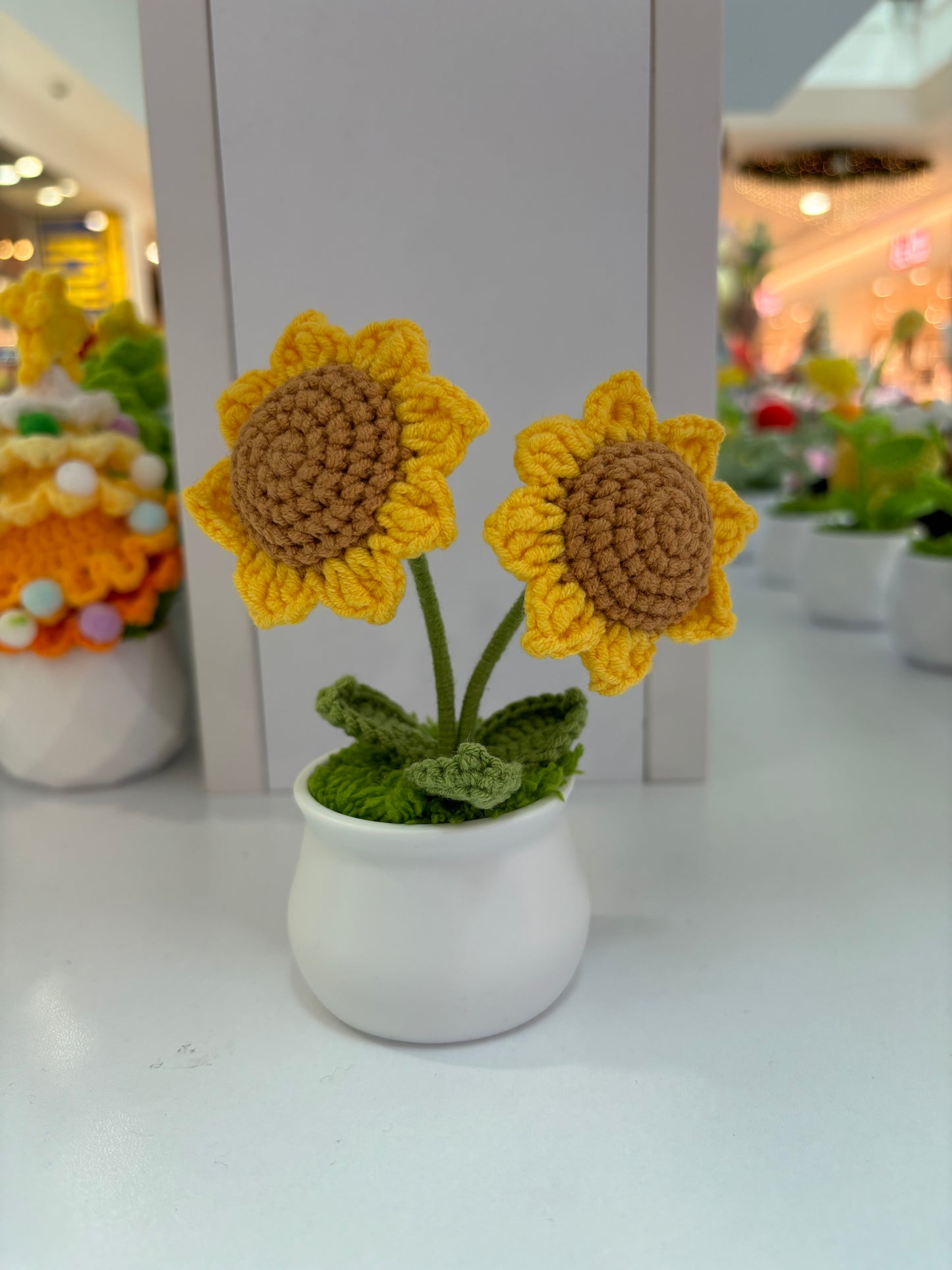 Hand-Crocheted Twin Sunflower in Decorative Plastic Pot