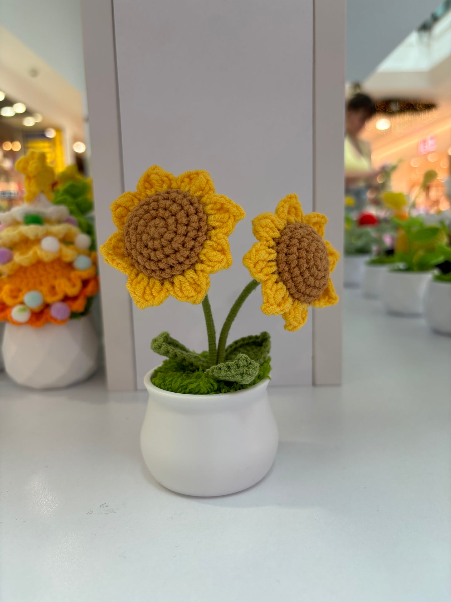 Hand-Crocheted Twin Sunflower in Decorative Plastic Pot